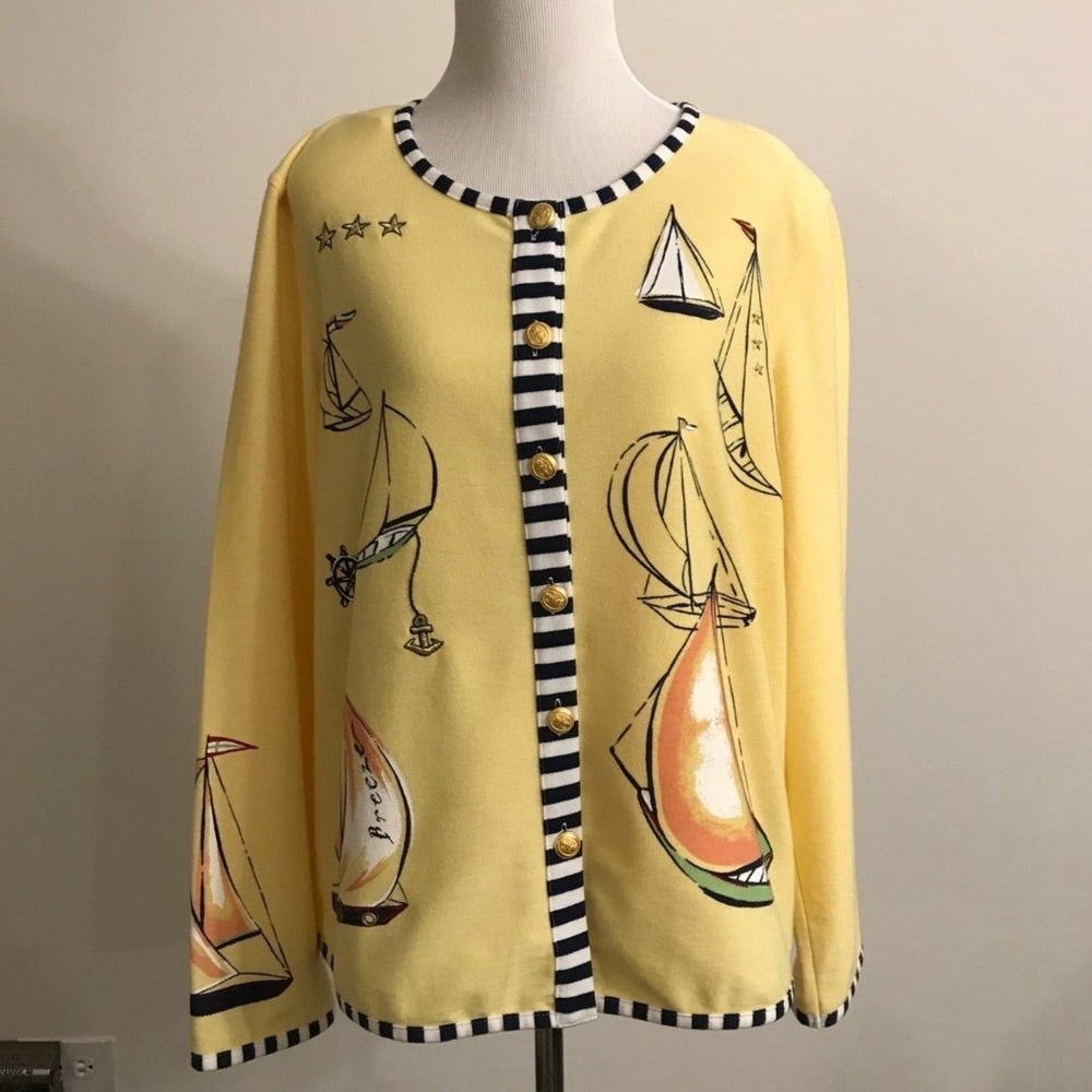 Koret Yellow Nautical Sailboat Cadigan Sweater - Large